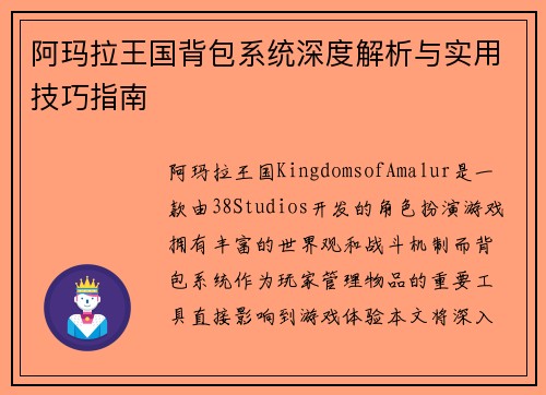 阿玛拉王国背包系统深度解析与实用技巧指南
